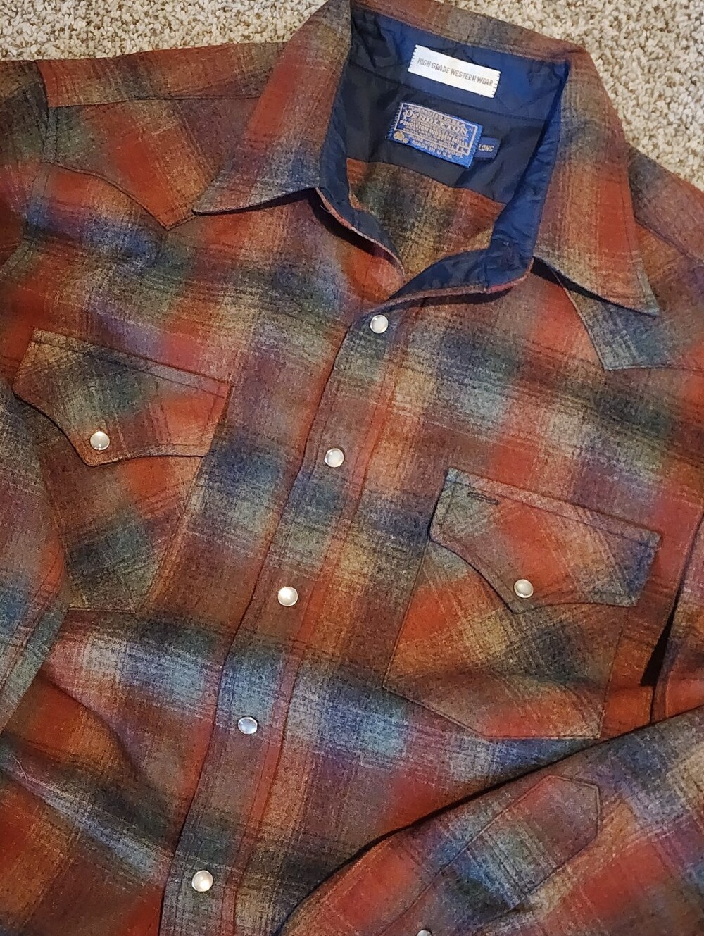 💎VTG Pendleton Canyon 70's Western Snap Wool Shirt - Rust/Blue OMBRE Plaid Y2K